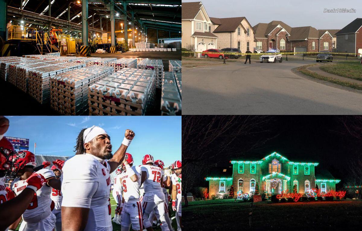 Clockwise from the top left, U.S. Smelter, shooting on Chinook Circle, Christmas lights and APSU quarterback Chris Parson.