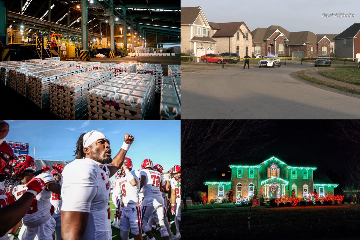 Clockwise from the top left, U.S. Smelter, shooting on Chinook Circle, Christmas lights and APSU quarterback Chris Parson.
