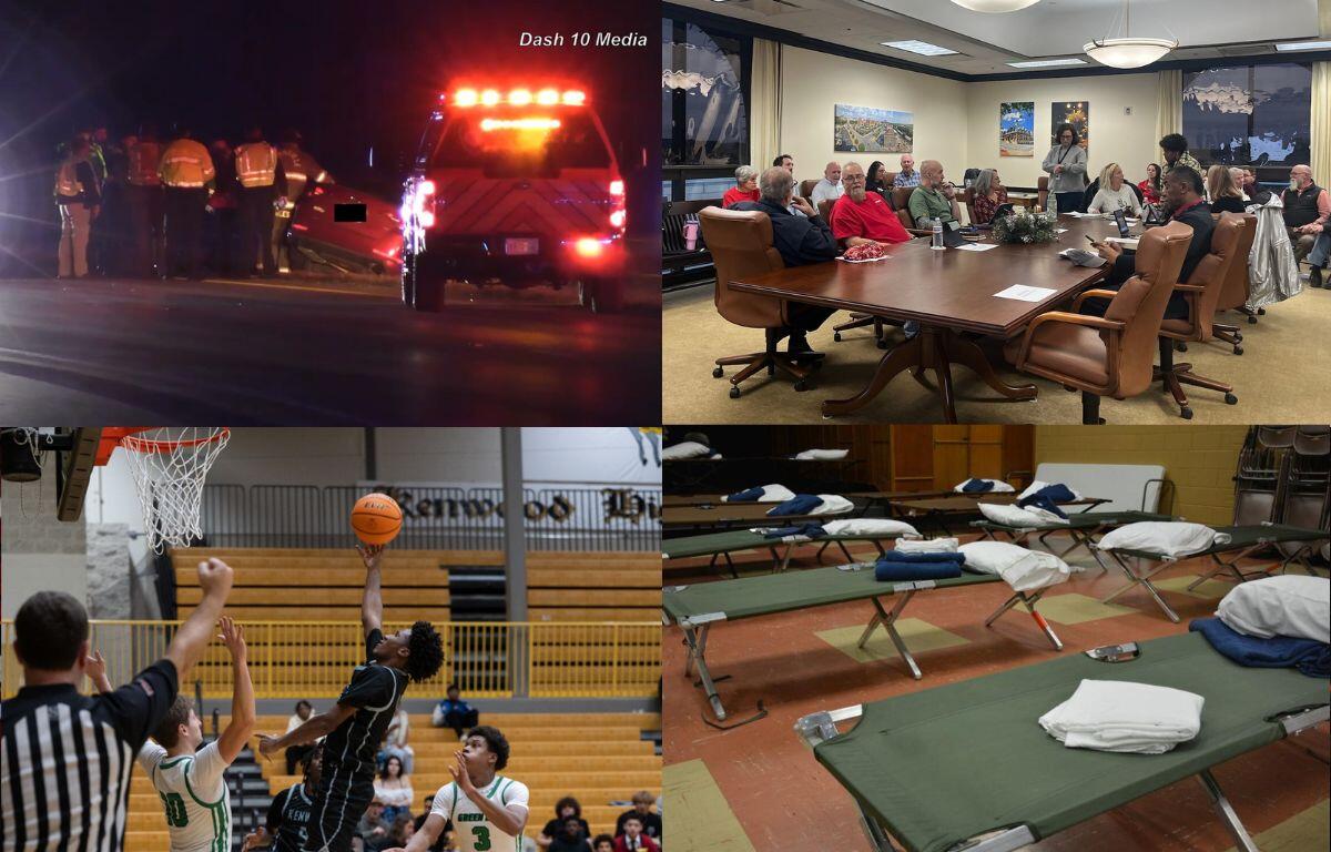 Clockwise from the top left, 101st Parkway wreck, Finance Committee meeting, emergency shelter, Kenwood Knights.