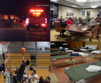 Clockwise from the top left, 101st Parkway wreck, Finance Committee meeting, emergency shelter, Kenwood Knights.