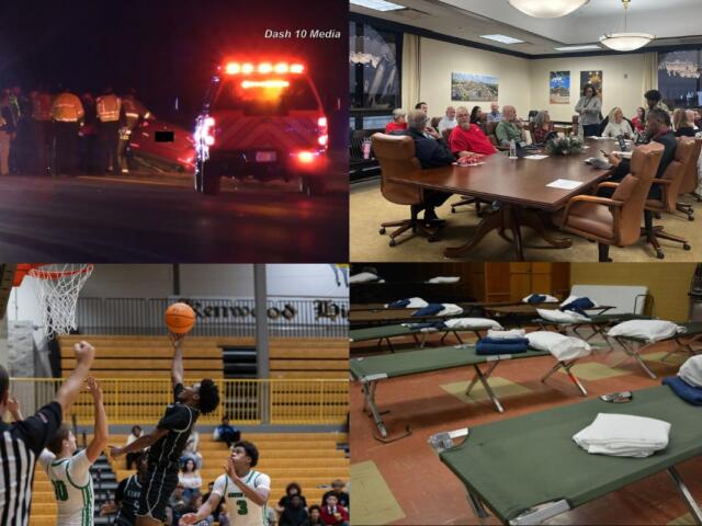Clockwise from the top left, 101st Parkway wreck, Finance Committee meeting, emergency shelter, Kenwood Knights.