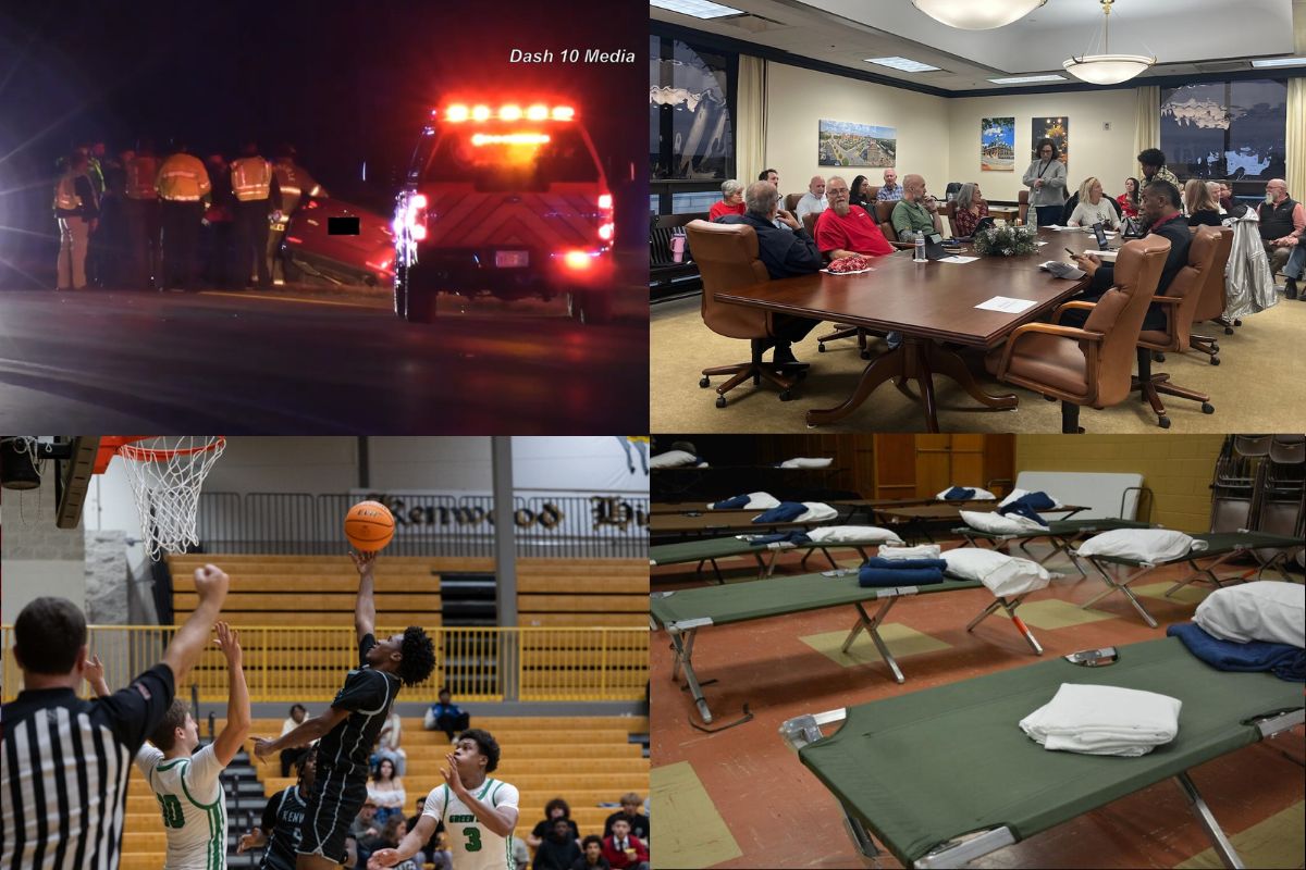 Clockwise from the top left, 101st Parkway wreck, Finance Committee meeting, emergency shelter, Kenwood Knights.