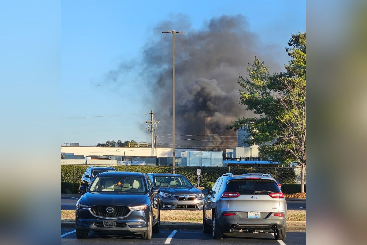 Smoke is seen in the distance where a trailer caught fire in the Trane parking lot on Dec. 29, 2025. (Contributed by Rhett Newton)