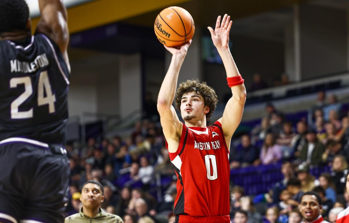 Austin Peay State University Govs' Tate McCubbin attempts a three-pointer against Lipscomb at Allen Arena on Jan. 17, 2026. (Robert Smith, APSU Athletics, contributed)