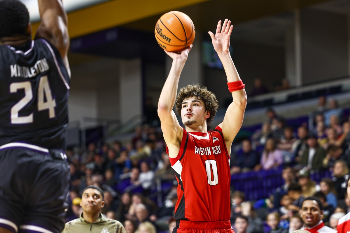 Austin Peay State University Govs' Tate McCubbin attempts a three-pointer against Lipscomb at Allen Arena on Jan. 17, 2026. (Robert Smith, APSU Athletics, contributed)