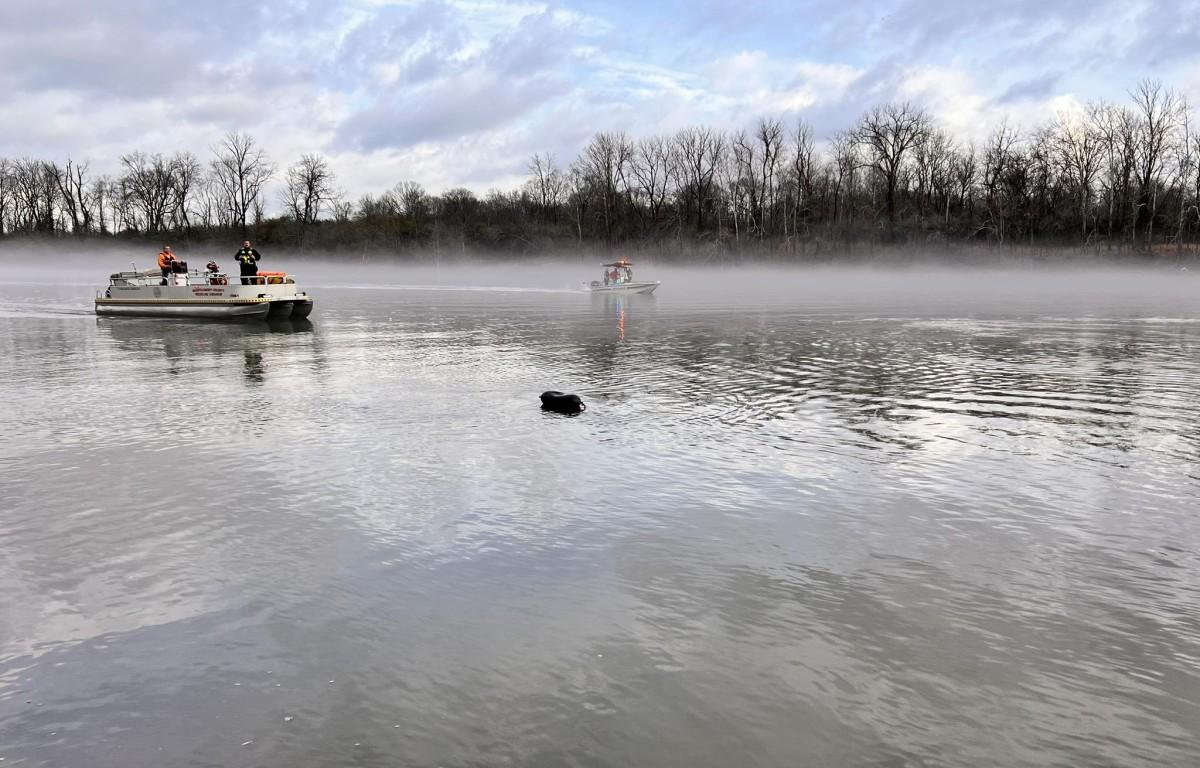 Rescue crews work to locate and recover a car that went into the Cumberland River on Jan. 9, 2026. (Montgomery County Fire Department, contributed)