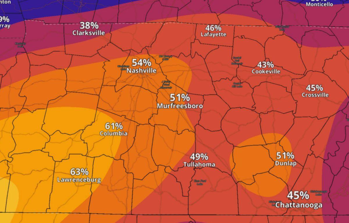 The chances of a quarter inch of ice in Middle Tennessee as of Jan. 22, 2026. (National Weather Service, contributed)