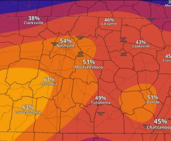 The chances of a quarter inch of ice in Middle Tennessee as of Jan. 22, 2026. (National Weather Service, contributed)