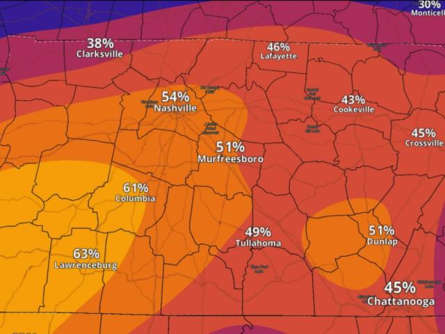 The chances of a quarter inch of ice in Middle Tennessee as of Jan. 22, 2026. (National Weather Service, contributed)