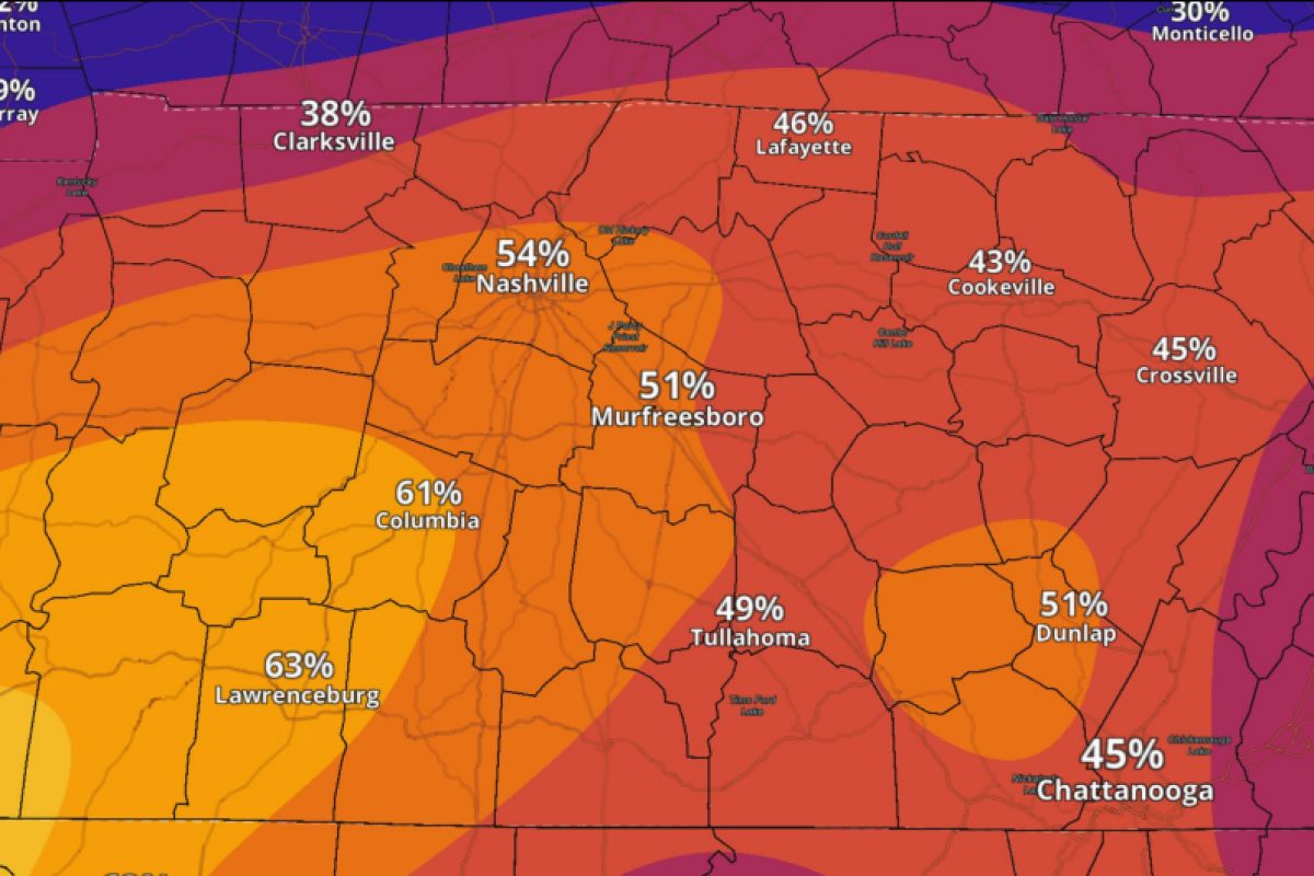 The chances of a quarter inch of ice in Middle Tennessee as of Jan. 22, 2026. (National Weather Service, contributed)