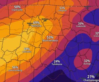 The chances of a quarter inch of ice in Middle Tennessee as of Jan. 22, 2026. (National Weather Service, contributed)