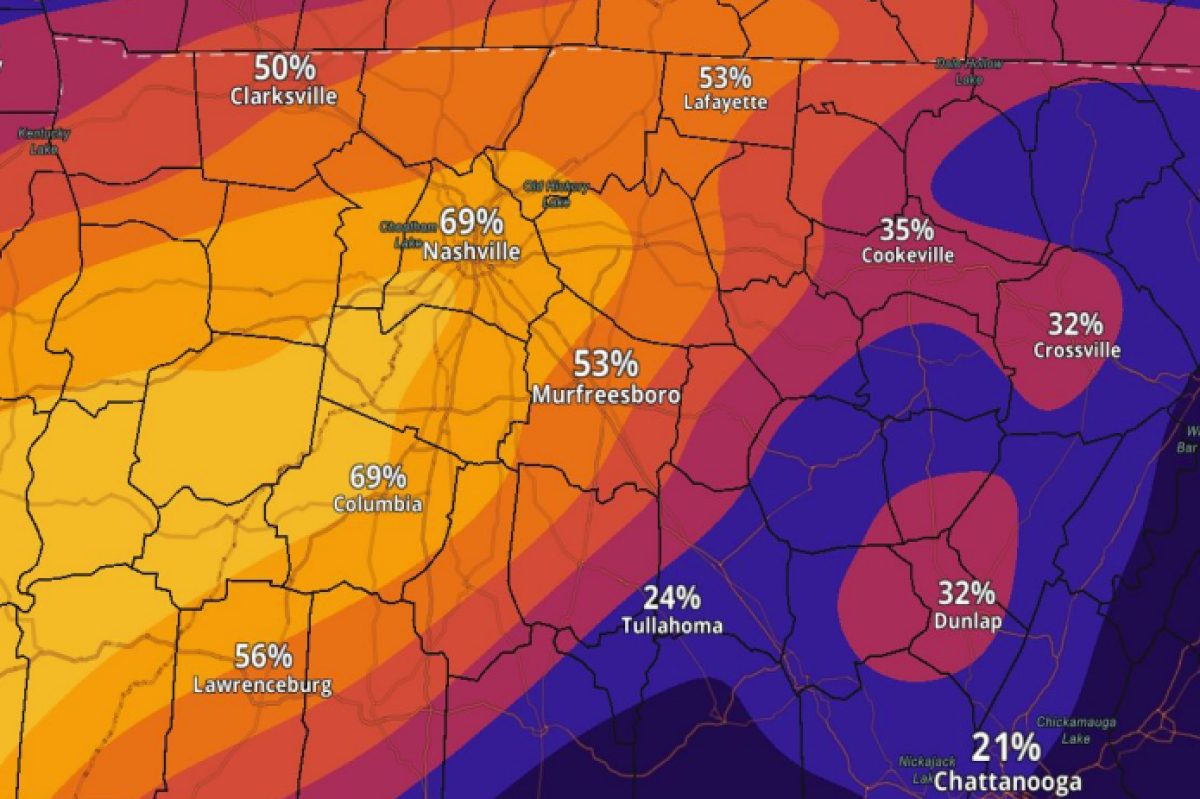 The chances of a quarter inch of ice in Middle Tennessee as of Jan. 22, 2026. (National Weather Service, contributed)