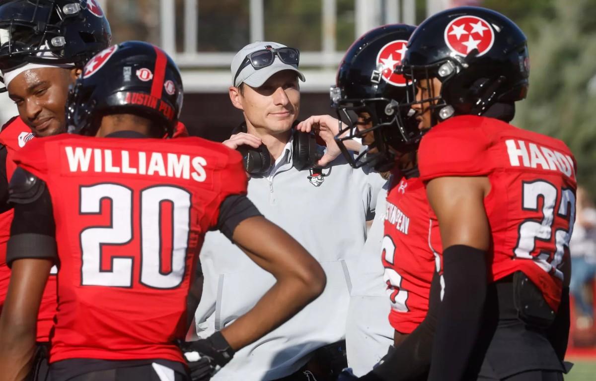 Coach Jeff Faris as Austin Peay’s football team defeated Samford, 30-16, on Nov. 15, 2025, at Fortera Stadium. (Robert Smith, APSU Athletics)