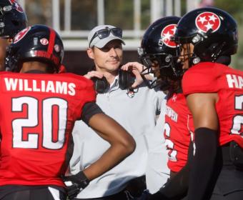 Coach Jeff Faris as Austin Peay’s football team defeated Samford, 30-16, on Nov. 15, 2025, at Fortera Stadium. (Robert Smith, APSU Athletics)