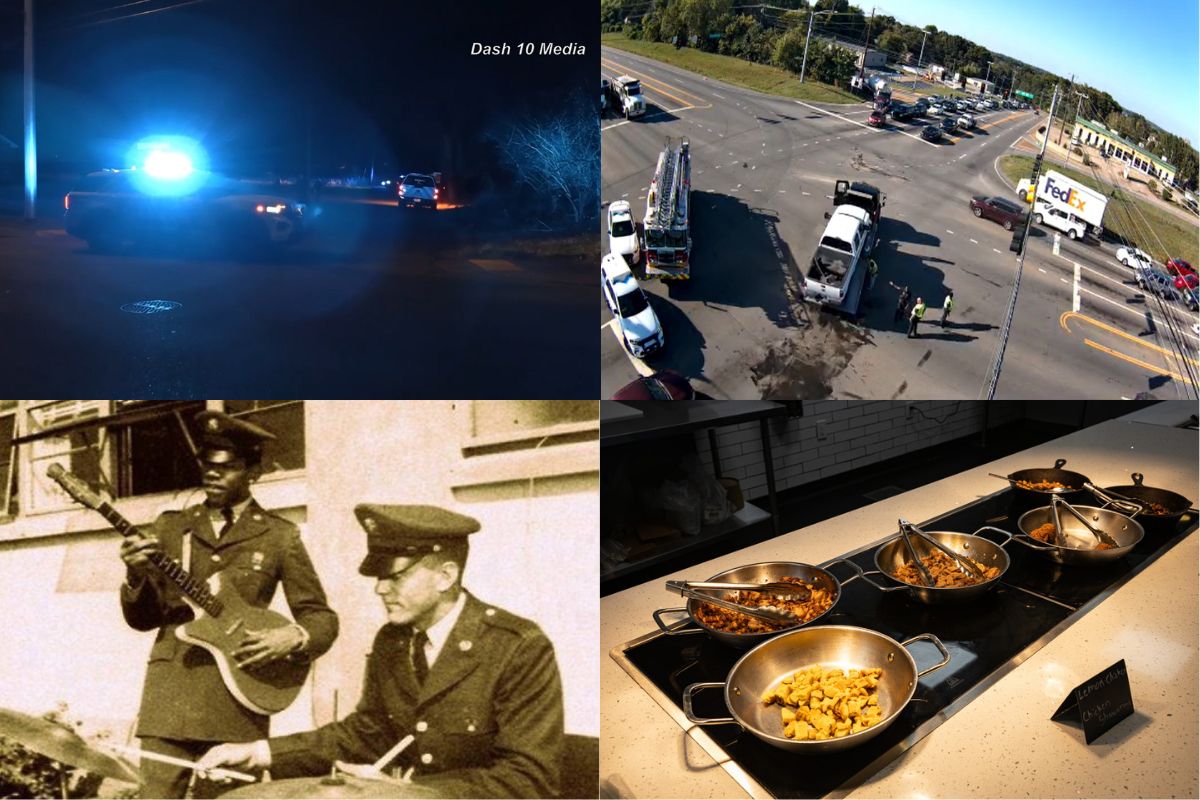 Clockwise from the top left, Greenwood shooting, wrecks in Clarksville, Hummus Republic, Jimi Hendrix at Fort Campbell.