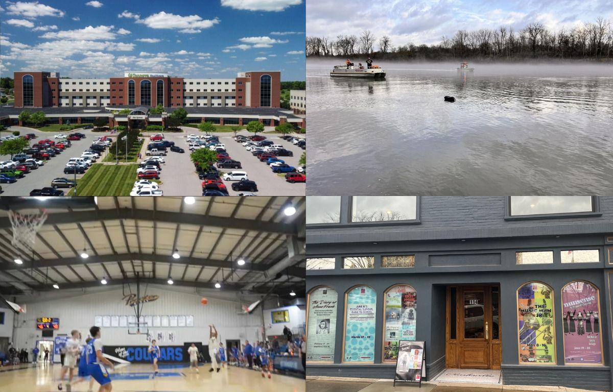 Clockwise from the top left, Tennova Healthcare-Clarksville, van in Cumberland River, new Roxy location, Clarksville Academy Middle School basketball.