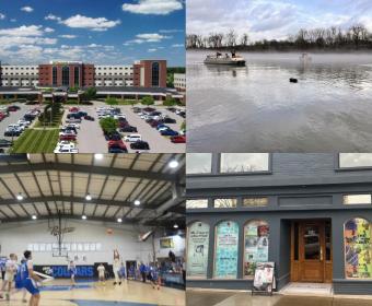 Clockwise from the top left, Tennova Healthcare-Clarksville, van in Cumberland River, new Roxy location, Clarksville Academy Middle School basketball.
