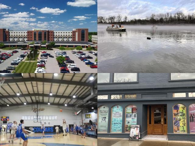 Clockwise from the top left, Tennova Healthcare-Clarksville, van in Cumberland River, new Roxy location, Clarksville Academy Middle School basketball.
