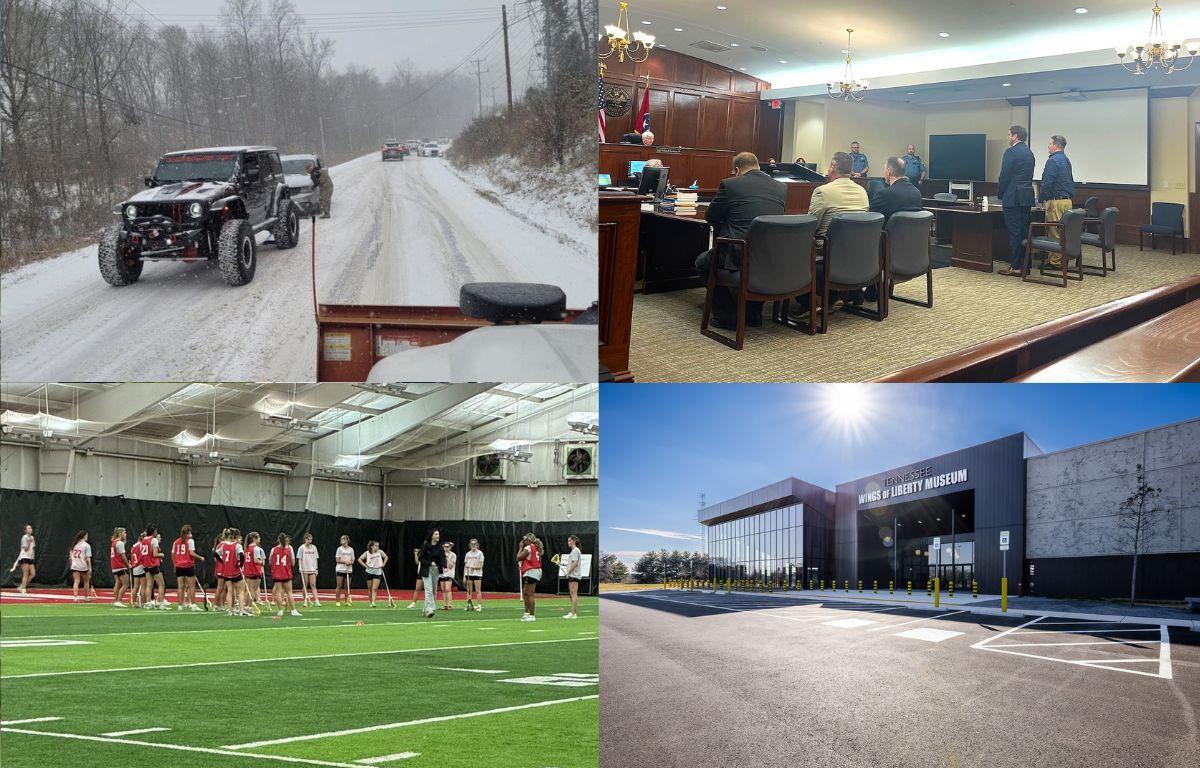 Clockwise from the top left, cars stranded in the snow on Trenton Road, fentanyl murder trial, Tennessee Wings of Liberty Museum and Govs lacrosse.