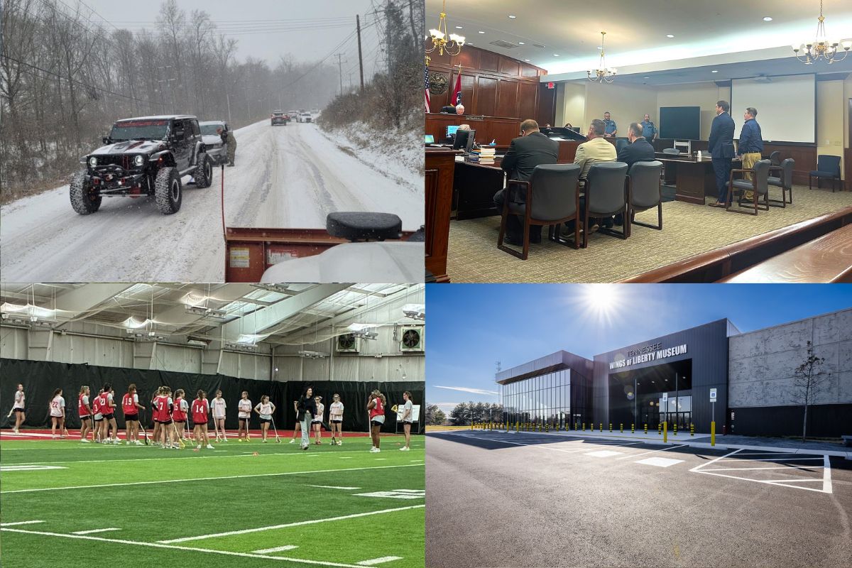 Clockwise from the top left, cars stranded in the snow on Trenton Road, fentanyl murder trial, Tennessee Wings of Liberty Museum and Govs lacrosse.