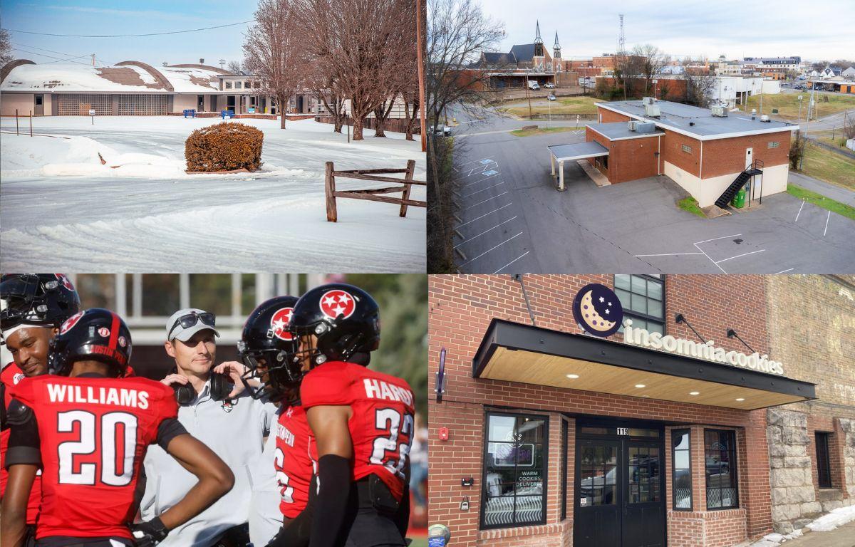 Clockwise from the top left, Clarksville High School in the snow, The Well outreach center, Insomnia Cookies and APSU coach Jeff Faris.