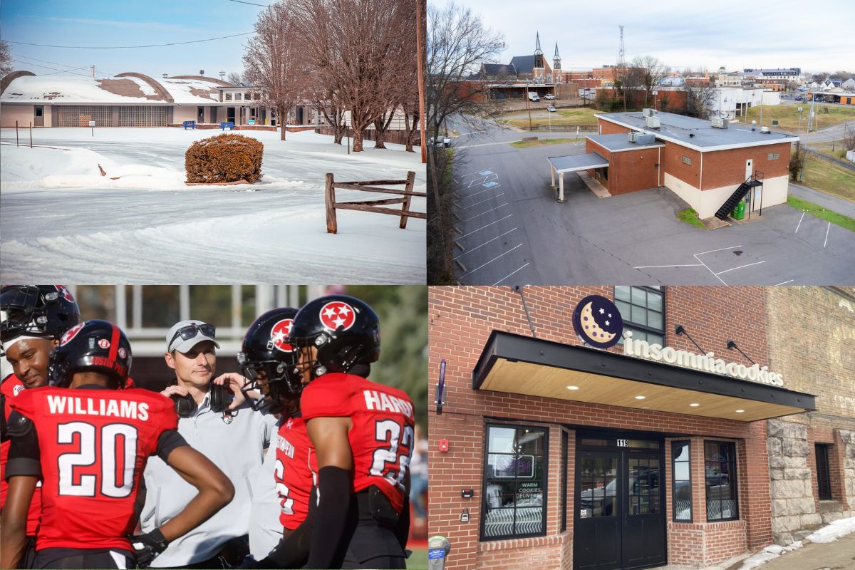 Clockwise from the top left, Clarksville High School in the snow, The Well outreach center, Insomnia Cookies and APSU coach Jeff Faris.