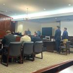 John Vandal, standing at far right, receiving his sentencing hearing date on Jan. 22, 2026. (Jazmin Logan)