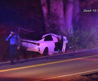 A car crashed into a tree on Rossview Road on Jan. 1, 2026. (Enrique Hernandez, Dash 10 Media)