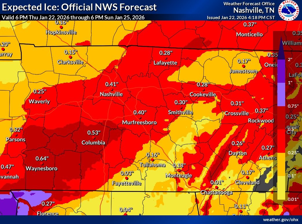 The ice totals forecast through Sunday evening as of Jan. 22, 2026. (National Weather Service, contributed)
