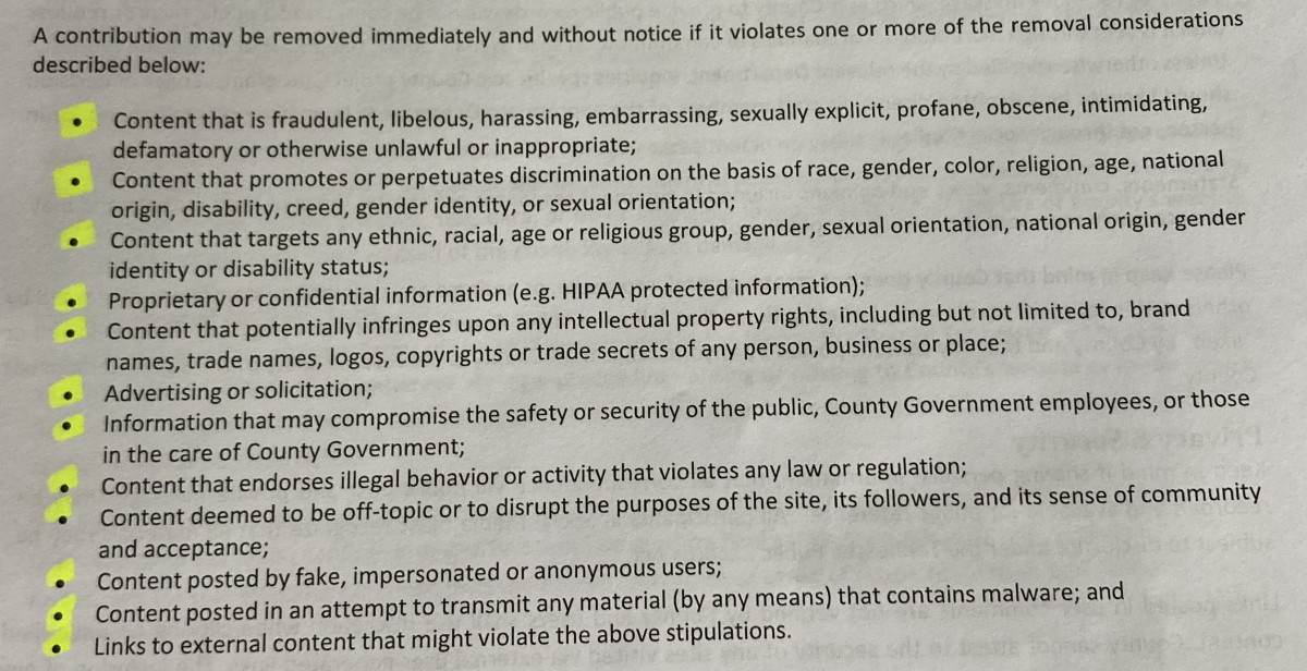 Page two of Montgomery County's proposed social media terms of use policy for the community. (Contributed by Montgomery County) 