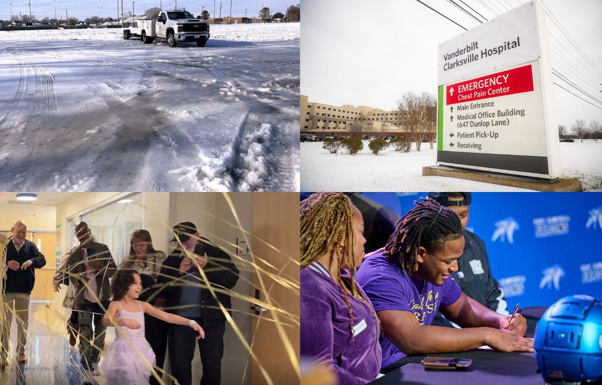 Clockwise from the top left, ice at CMCSS, Vanderbilt Clarksville Hospital, KeShawn Dixon and Greenleigh Gafford.