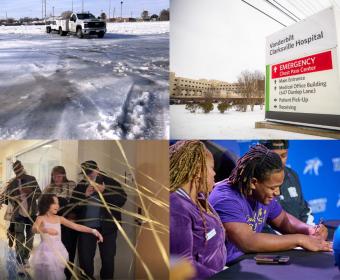 Clockwise from the top left, ice at CMCSS, Vanderbilt Clarksville Hospital, KeShawn Dixon and Greenleigh Gafford.