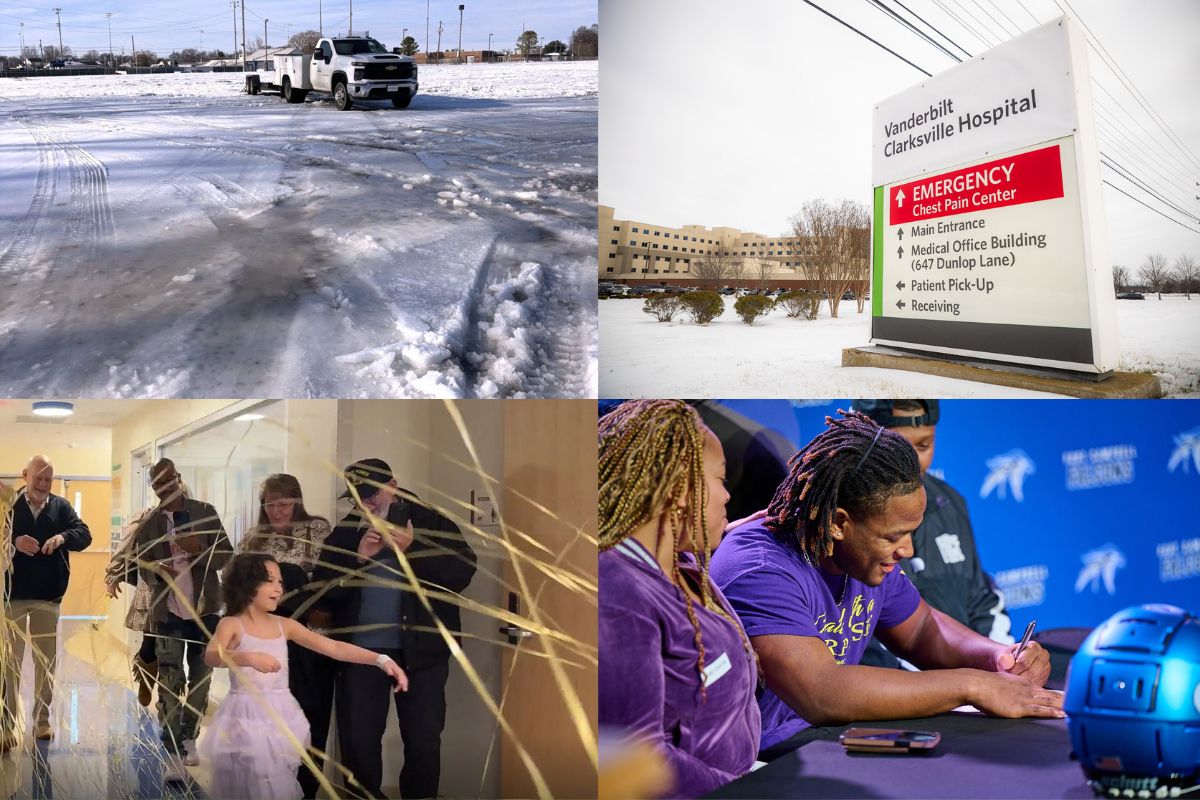 Clockwise from the top left, ice at CMCSS, Vanderbilt Clarksville Hospital, KeShawn Dixon and Greenleigh Gafford.
