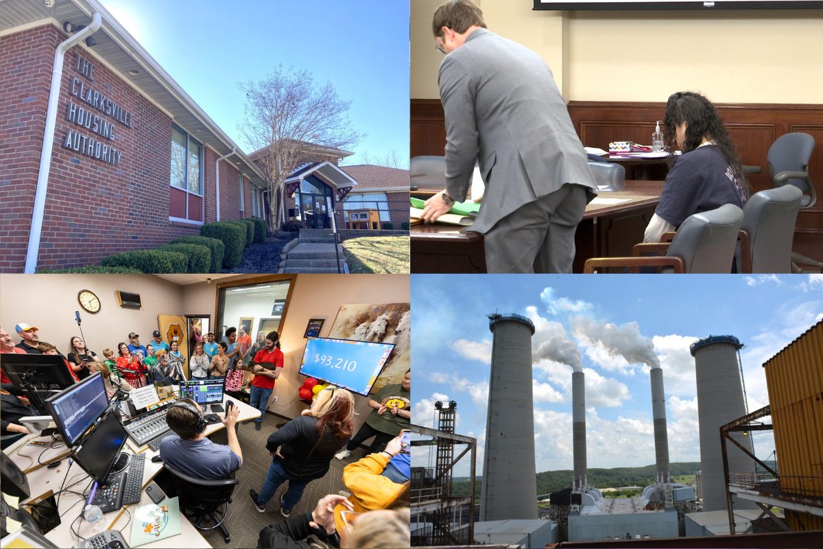 Clockwise from the top left, Clarksville Housing Authority, Cheyanne Maddox sentencing, TVA coal plant, Camp Rainbow Radiothon.