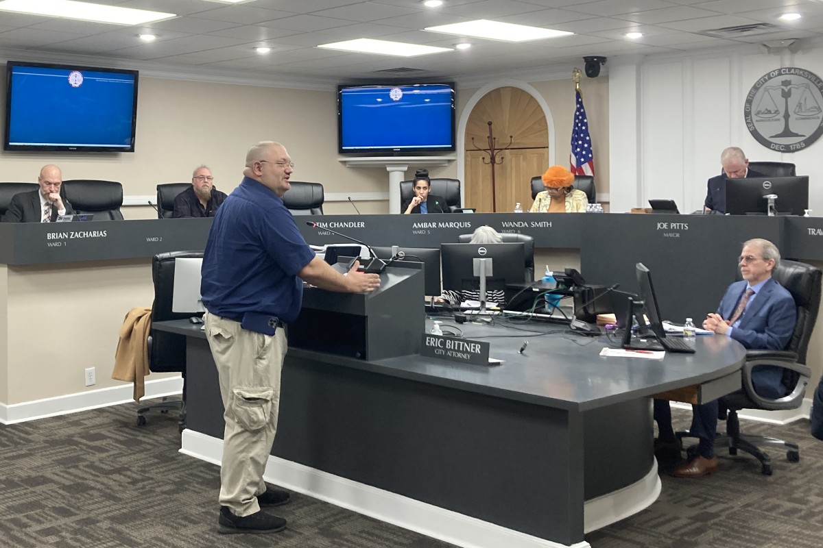 Ross St. Louis addressing the Clarksville City Council on Thursday, Feb. 5, 2026. (Christian Brown)