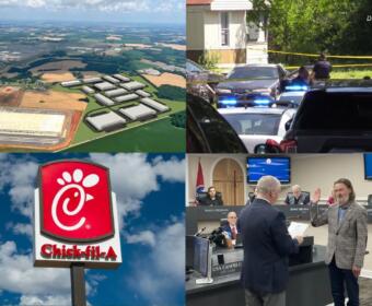 Clockwise from the top left, NorthPark Logistics, Power Street shooting, Eric Claunch sworn in, Chick-fil-A.