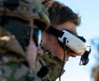 A soldier with the 101st Airborne Division operates an unmanned aircraft system (UAS) via a headset during a live-fire exercise at Fort Campbell on March 12, 2026. (U.S. Army, Spc. Sandy Vera)