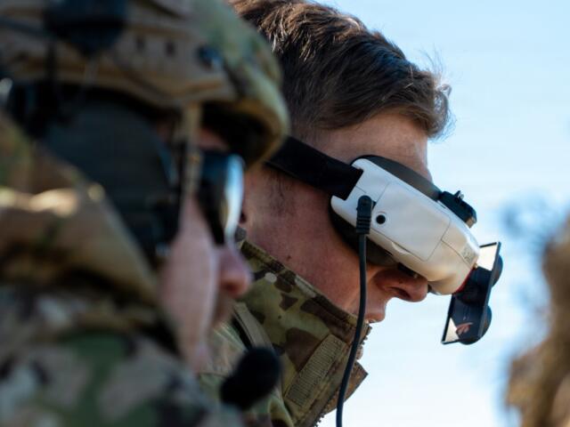 A soldier with the 101st Airborne Division operates an unmanned aircraft system (UAS) via a headset during a live-fire exercise at Fort Campbell on March 12, 2026. (U.S. Army, Spc. Sandy Vera)