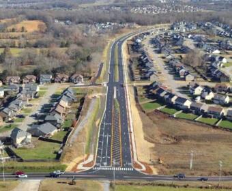 Aerial photo of progress on Spring Creek Parkway as of March 25, 2026. Shown is Trenton Road in foreground, then the parkway, looking east. (City of Clarksville, contributed)