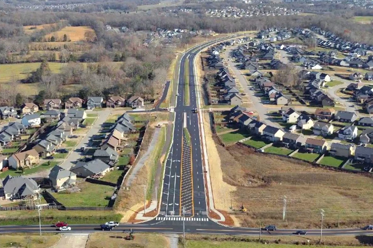 Aerial photo of progress on Spring Creek Parkway as of March 25, 2026. Shown is Trenton Road in foreground, then the parkway, looking east. (City of Clarksville, contributed)
