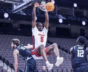 The Austin Peay men's basketball team beat Stetson 69-60 on March 6, 2026, in the quarterfinals of the ASUN Basketball Tournament, at VyStar Veterans Memorial Arena in Jacksonville, Florida. Photo by Casey Crigger, APSU Athletics.