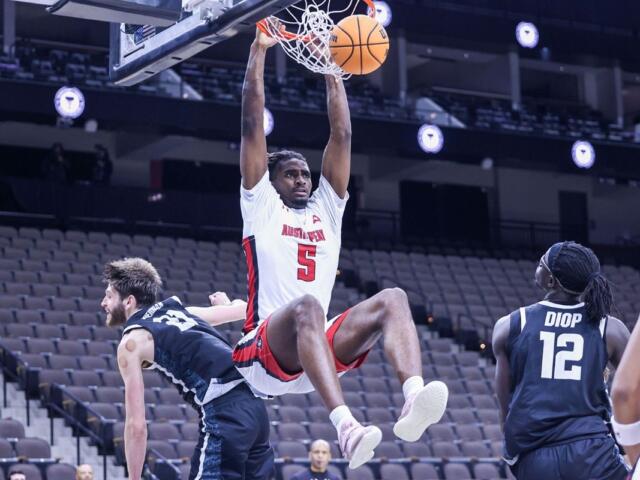 The Austin Peay men's basketball team beat Stetson 69-60 on March 6, 2026, in the quarterfinals of the ASUN Basketball Tournament, at VyStar Veterans Memorial Arena in Jacksonville, Florida. Photo by Casey Crigger, APSU Athletics.