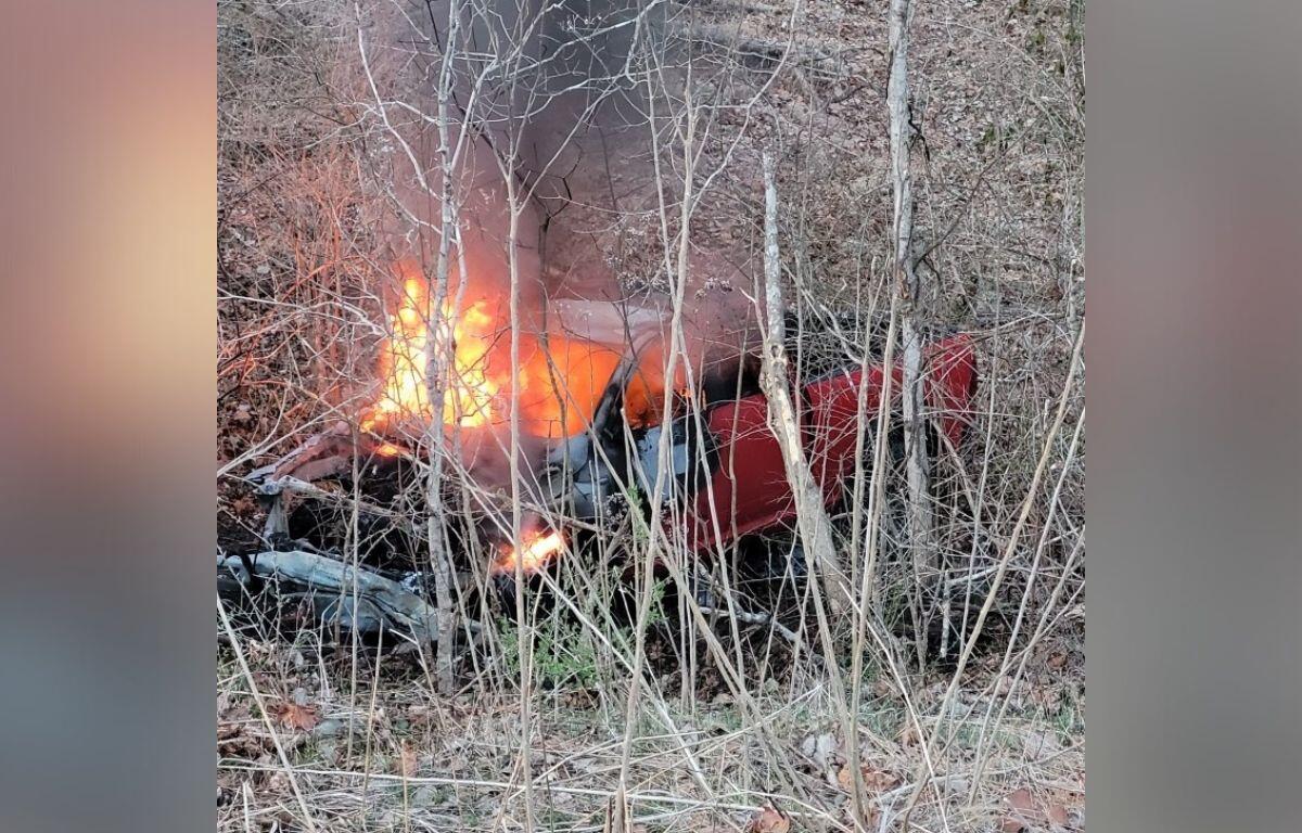 A pickup truck went off the Bypass and crashed, catching fire, on March 4, 2026. (CPD, contributed)