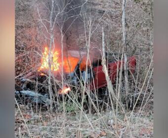 A pickup truck went off the Bypass and crashed, catching fire, on March 4, 2026. (CPD, contributed)