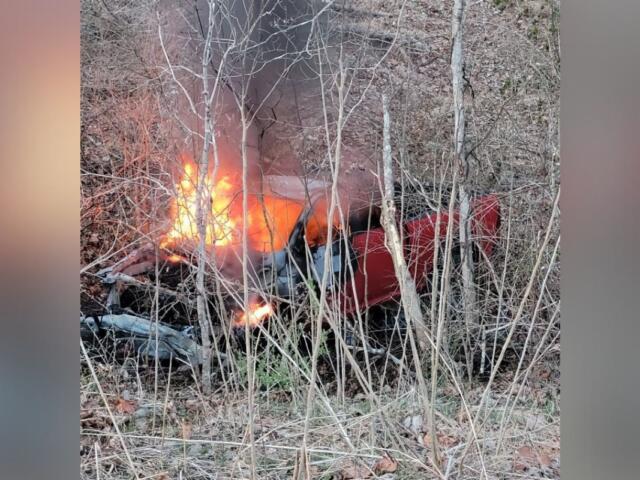A pickup truck went off the Bypass and crashed, catching fire, on March 4, 2026. (CPD, contributed)