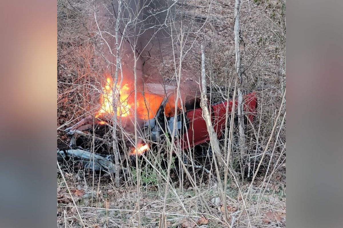 A pickup truck went off the Bypass and crashed, catching fire, on March 4, 2026. (CPD, contributed)