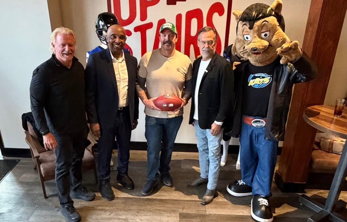 Pictured at a Nashville Kats event at Strawberry Alley in Clarksville on March 17, 2026, are, left to right, Jeff Jarrett, Kats Head Coach and General Manager Darren Arbet, Joe Smith of Jodi's Cabinet Sales, Jeff Fisher and Kool Kat. (Nashville Kats, contributed)