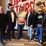 Pictured at a Nashville Kats event at Strawberry Alley in Clarksville on March 17, 2026, are, left to right, Jeff Jarrett, Kats Head Coach and General Manager Darren Arbet, Joe Smith of Jodi's Cabinet Sales, Jeff Fisher and Kool Kat. (Nashville Kats, contributed)