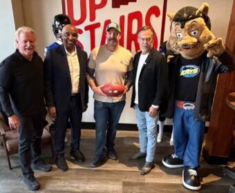 Pictured at a Nashville Kats event at Strawberry Alley in Clarksville on March 17, 2026, are, left to right, Jeff Jarrett, Kats Head Coach and General Manager Darren Arbet, Joe Smith of Jodi's Cabinet Sales, Jeff Fisher and Kool Kat. (Nashville Kats, contributed)