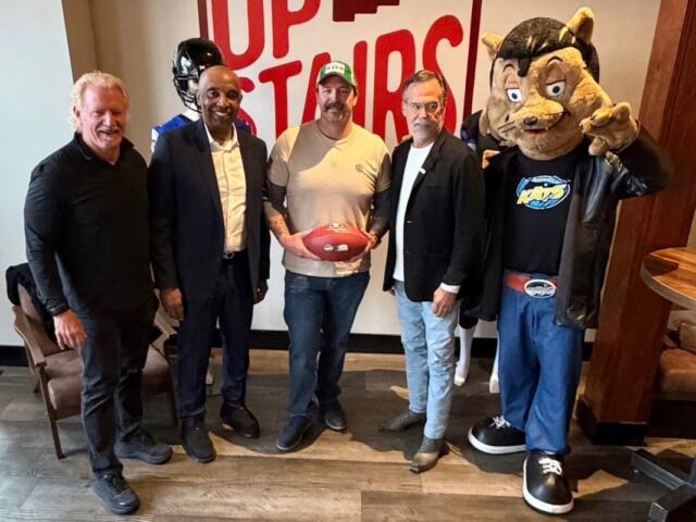 Pictured at a Nashville Kats event at Strawberry Alley in Clarksville on March 17, 2026, are, left to right, Jeff Jarrett, Kats Head Coach and General Manager Darren Arbet, Joe Smith of Jodi's Cabinet Sales, Jeff Fisher and Kool Kat. (Nashville Kats, contributed)